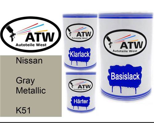 Nissan, Gray Metallic, K51: 500ml Lackdose + 500ml Klarlack + 250ml Härter - Set, von ATW Autoteile West.